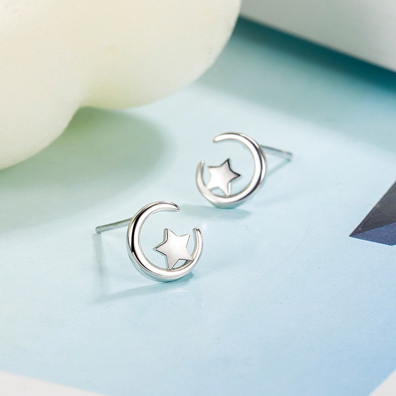 Bông Tai Mạ Bạc 925 Hình Mặt Trăng Ngôi Sao Đơn Giản Phong Cách Hàn Quốc Cho Nữ