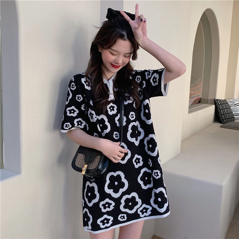 Đầm Thun polo Tay Ngắn Dáng Rộng Phong Cách retro Dành Cho Nữ