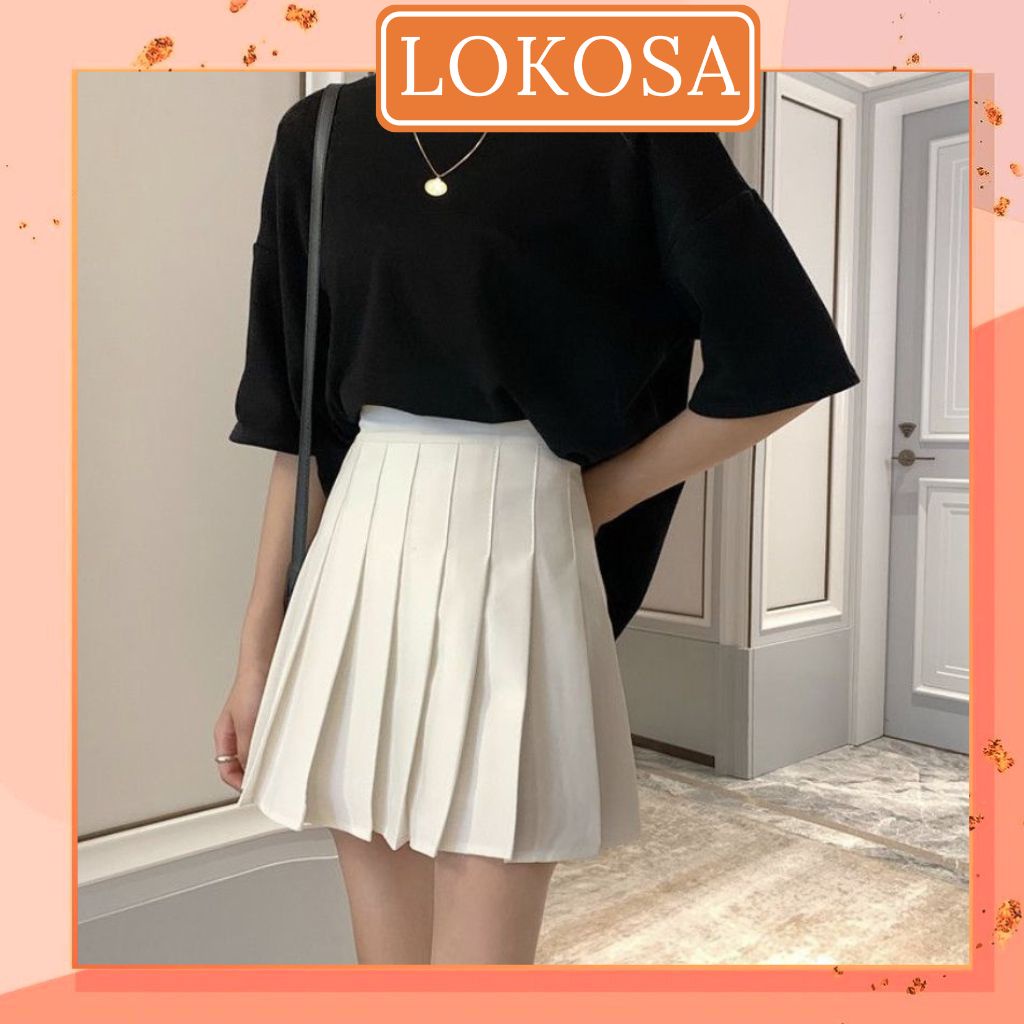 Chân Váy Tennis Nữ LOKOSA Ngắn Chữ A Xếp Ly Lưng Cao Dáng Xèo Hai Màu Trắng Đen CV003