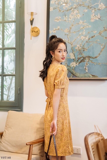 BÁN SỈ VÁY HOA VÀNG VINTAGE NỮ TAY BỒNG NHẸ DK72 | WebRaoVat - webraovat.net.vn