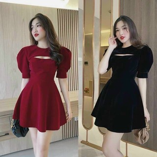 (Váy Noel/Tết) Đầm nhung khoét ngực tay bồng 2 màu đỏ / đen
