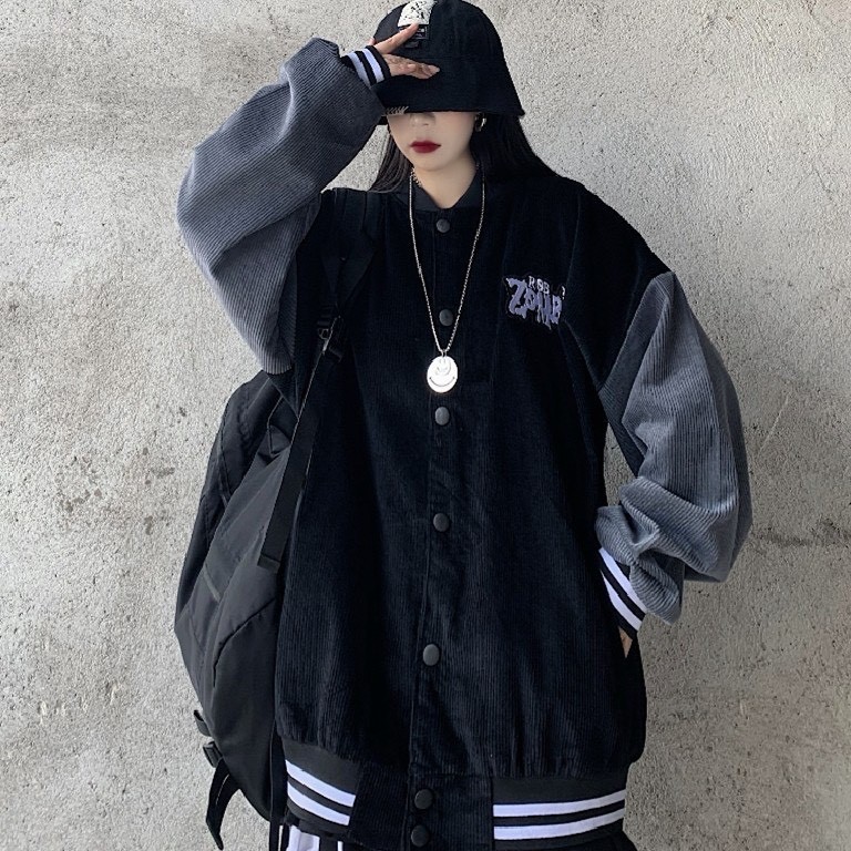 Áo khoác bomber nhung phối đen ghi unnisex Zombif_Áo khoac nam nữ basic, cá tính, hottrend