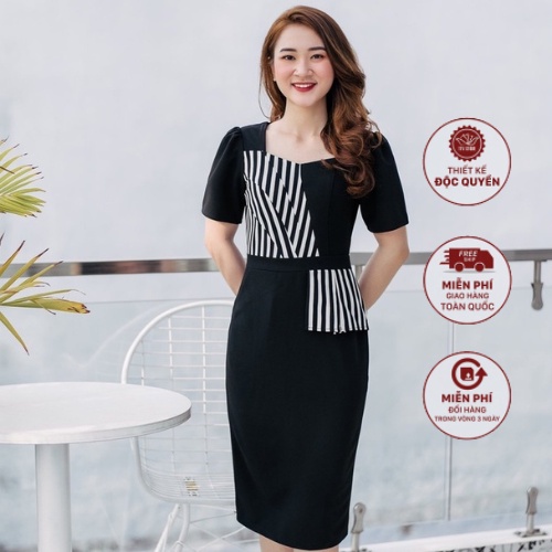 Đầm công sở dáng ôm form trung niên thiết kế cổ tròn tay ngắn màu sọc trắng TTV870 TTV Store