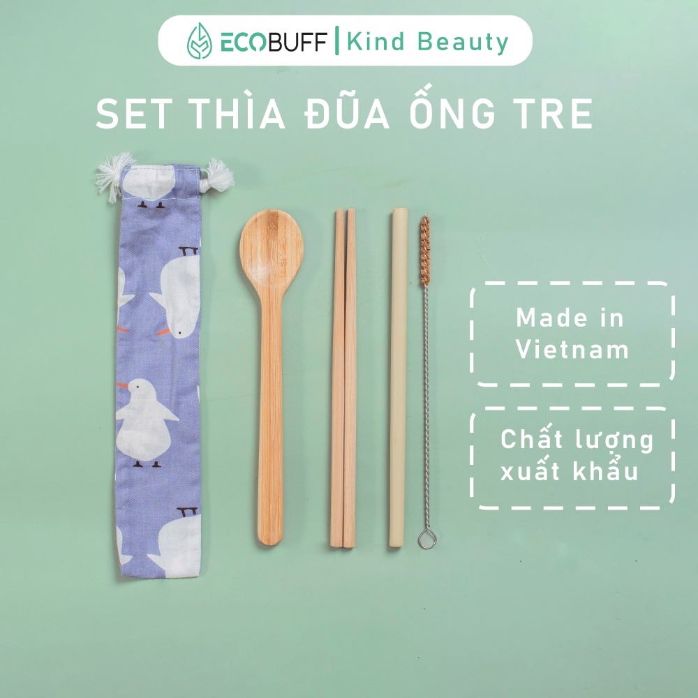 Set thìa đũa ống hút gỗ tre Ecobuff tái sử dụng kèm túi vải thân thiện với môi trường phân huỷ sinh học - Made in Vietna