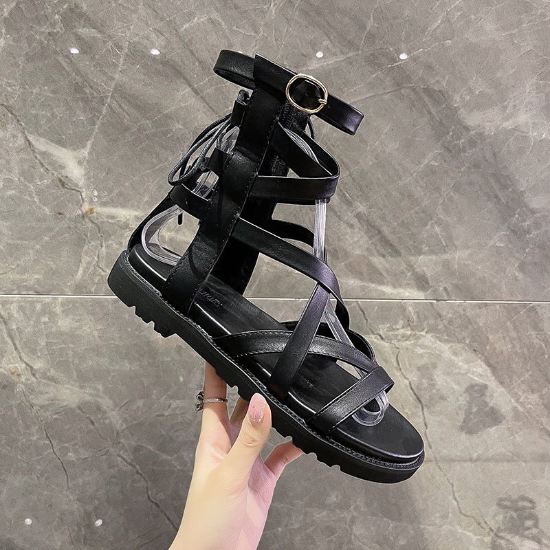 Giày Sandal Đế Bằng Mềm Cổ Cao Dây Chéo Thời Trang Mùa Hè Cho Nữ