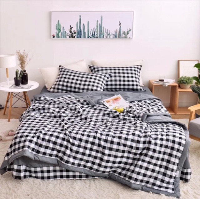 Bộ Chăn Ga Gối Cotton Đũi Kẻ HIN BEDDING Mềm Mịn Thấm Hút Mồ Hôi, Chăn Ga Gối Cotton Cao Cấp