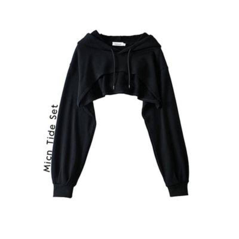 Áo Thun Lửng Tay Dài Có Mũ Trùm Màu Đen Lưng Cao Dễ Phối Đồ Phong Cách Thể Thao 20 Màu Cho Nữ 0119