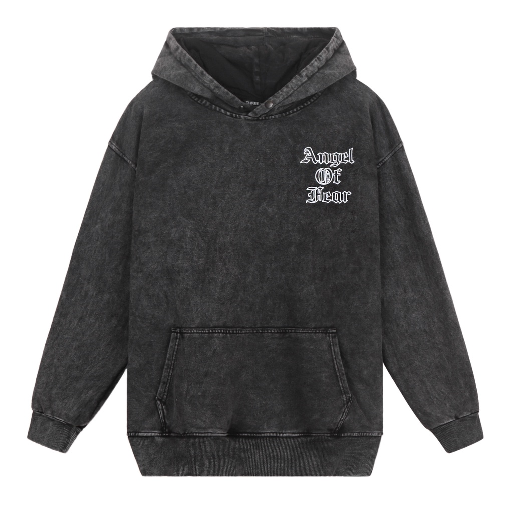 Áo Hoodie Wash Xám Angel Of Fear Form Rộng rãi Thoải Mái Unisex Chất Liệu 100% Cotton Hình In Sắc Nét Wash Đá Bọt