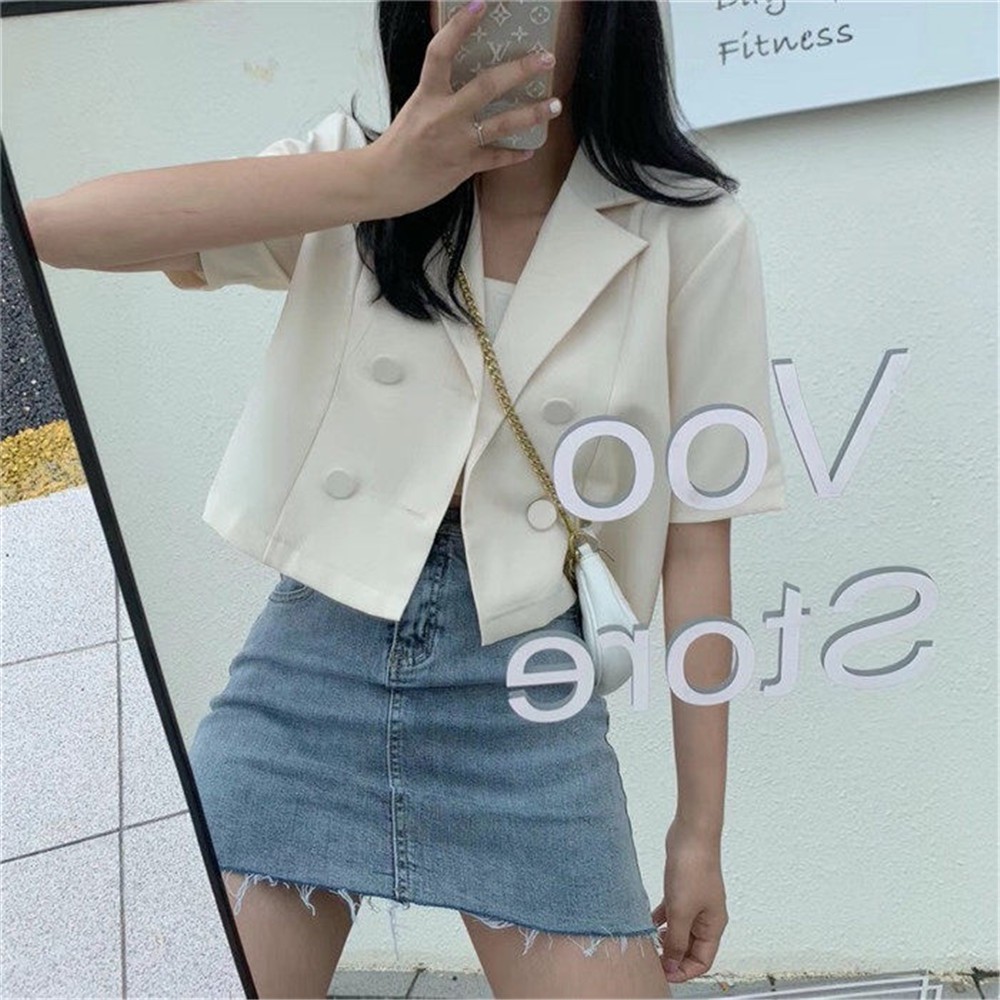 QADCOL  Áo khoác blazer ngắn tay thời trang Hàn Quốc thanh lịch cho nữ
