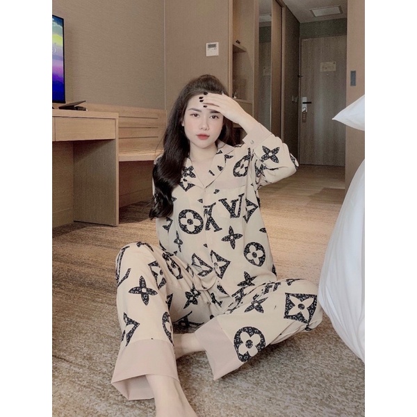 Đồ Ngủ Nữ pyjama tay dài phối hình hoạ tiết, Đồ Ngủ Lụa trẻ trung đáng yêu 40-60kg