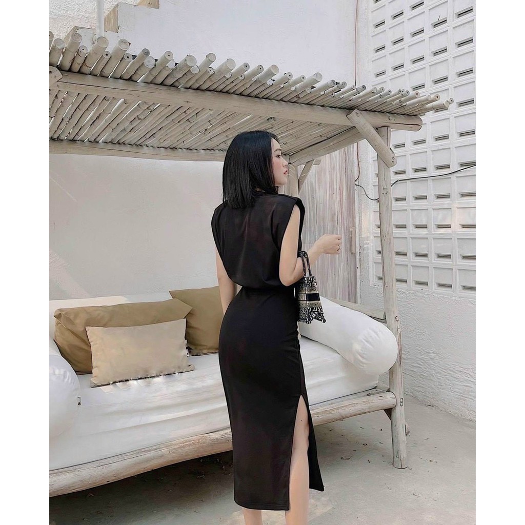 Set áo cánh dơi nhún eo kèm chân váy xẻ tà bên y hình chất thun co giãn - 4 màu