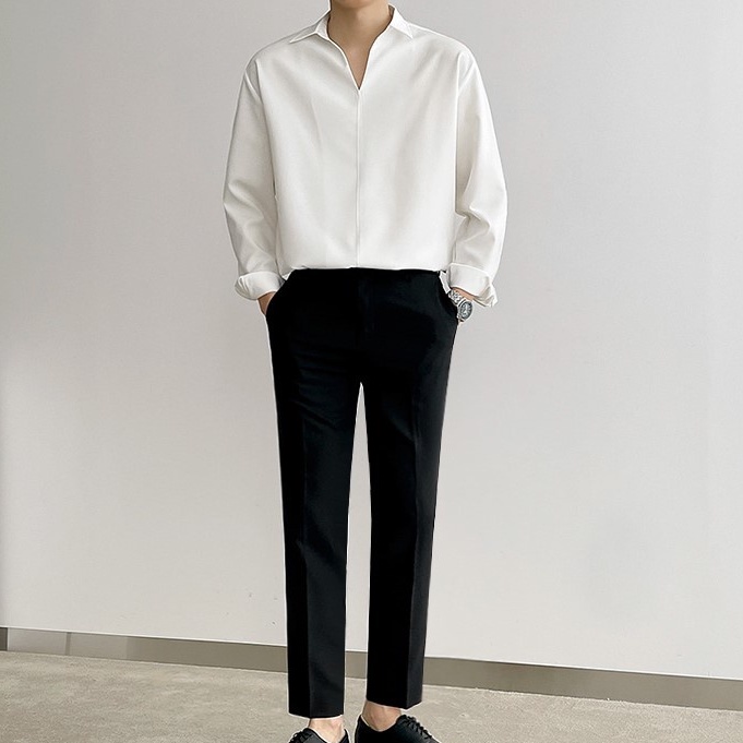 Sơ mi nam nữ cổ V vải lụa, form rộng Unisex nam nữ tay dài không có khuy phong cách Hàn Quốc mã ASM-01