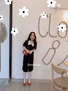 Đầm suông đen cổ bẻ