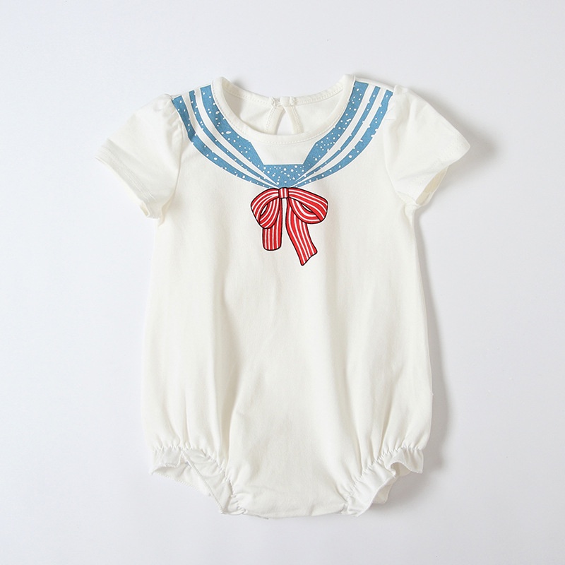 Bộ Áo Liền Quần Tay Ngắn Chất Liệu Cotton Đính Nơ Thời Trang Mùa Hè Cho Bé Gái Sơ Sinh