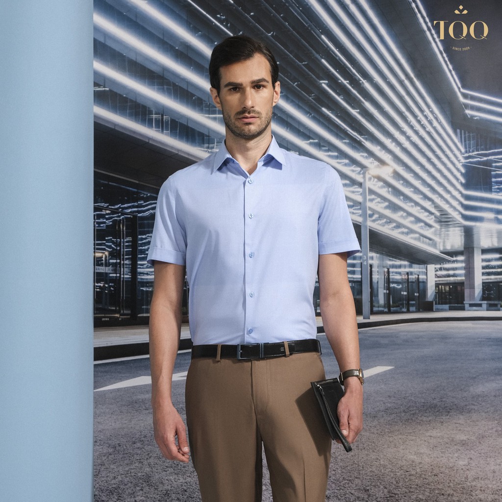 Áo sơ mi nam ngắn tay TQQ dáng Slim fit công sở ôm nhẹ K365CSC-CB màu xanh biển phối kẻ chìm tinh tế