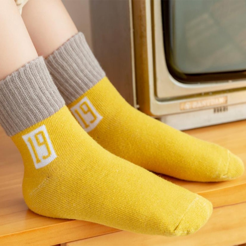 Set 5 Đôi Vớ Cotton Cổ Thuyền In Chữ Màu Sắc Tương Phản Giữ Ấm Mùa Đông Cho Bé