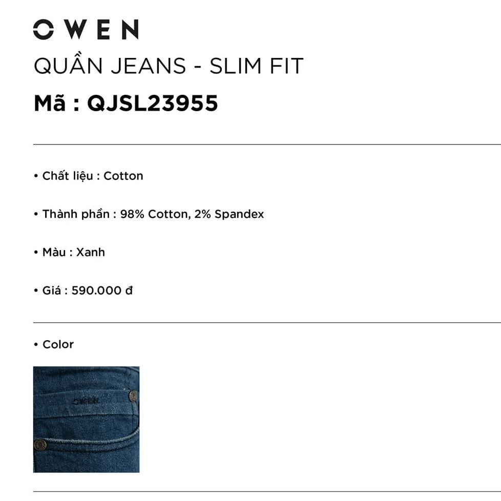 Quần Jean Nam Quần Bò Hàng Hiệu Owen QJSL23955 dáng slim fit ống côn Vải Denim Cotton Cao Cấp Bền Màu Co Giãn Tốt