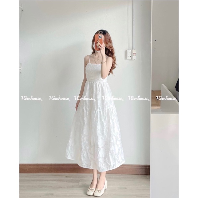 ĐẦM MIDI HOA NỔI HAI DÂY CUT OUT LƯNG