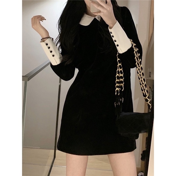 ĐẦM NHUNG ĐEN CỔ SEN TIỂU THƯ