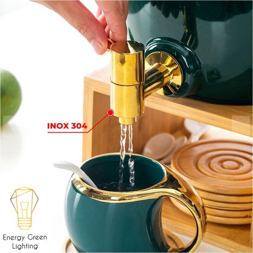 Bộ Chum Trà 6 Ly Bằng Sứ Energy Green Lighting Cao Cấp - Dung Tích 3L - Chum Trà Sứ Đa Năng Nước Detox, Nước Hoa Quả,Trà