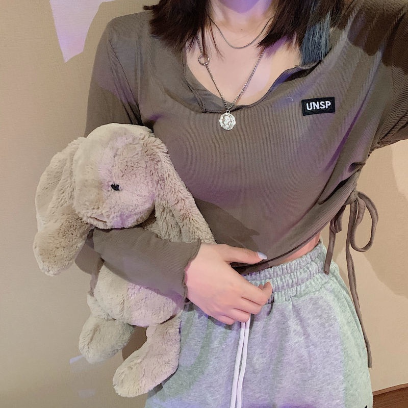 Áo Thun Dài Tay Cổ Chữ V Thiết Kế Dây Rút Phong Cách Phương Tây Mới Cho Nữ