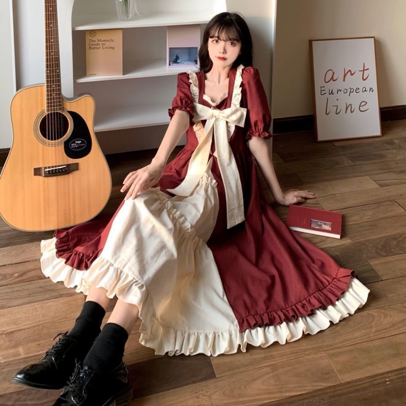 Váy Lolita Ngắn Tay Nơ Màu Đỏ A-Line Phong Cách Đại Học Ngọt Ngào