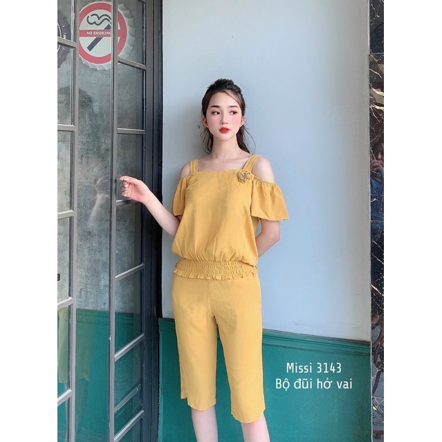 Bộ ĐŨI 2 dây trễ vai mặc nhà nữ vải đũi mát thoải mái, nhiều màu tươi sáng nữ tính BD16 - phamtrangredep shop