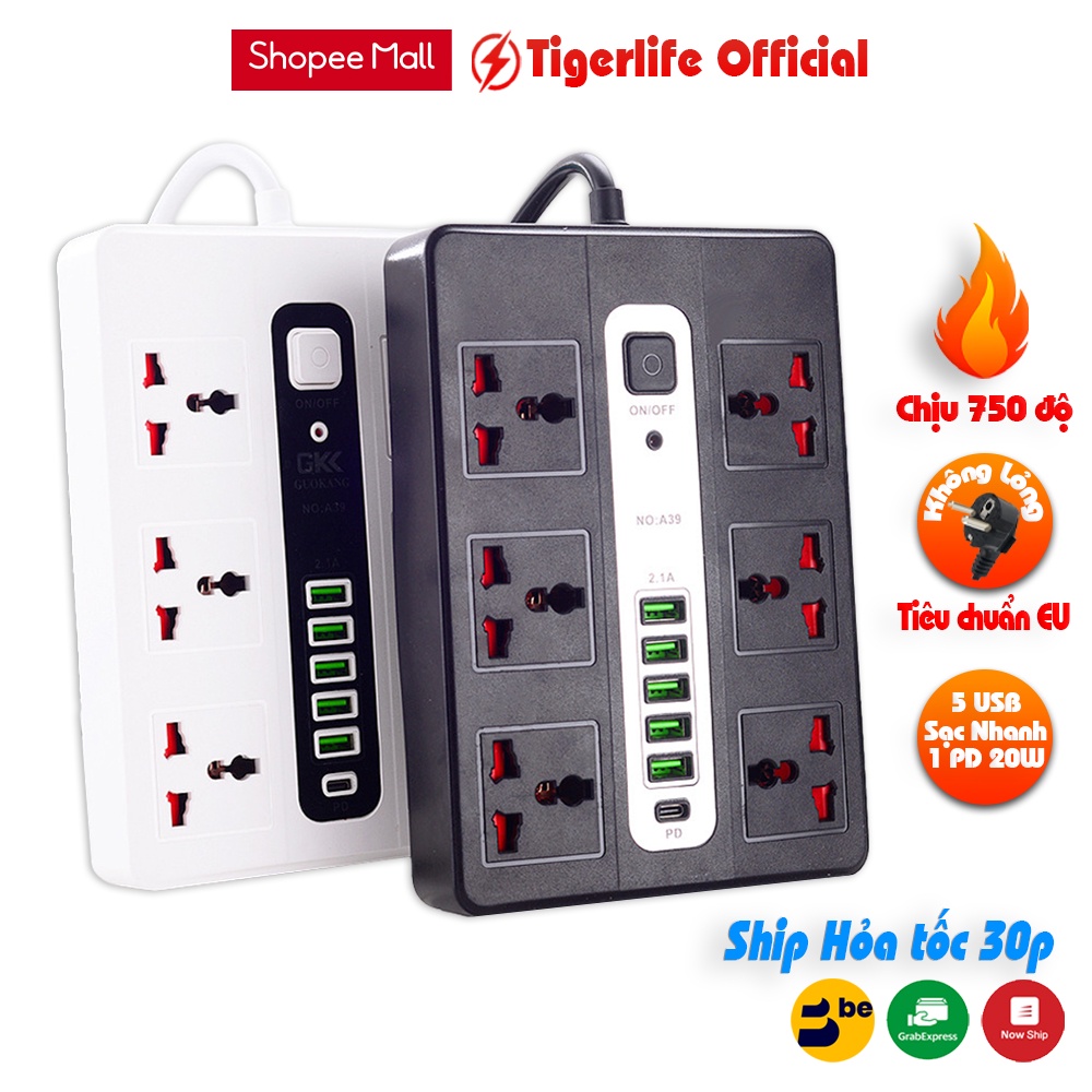 Ổ cắm điện đa năng Tigerlife GKKA39 Tích hợp 6 ổ cắm 6 cổng sạc 1 cổng sạc nhanh PD Chịu tải 2500w