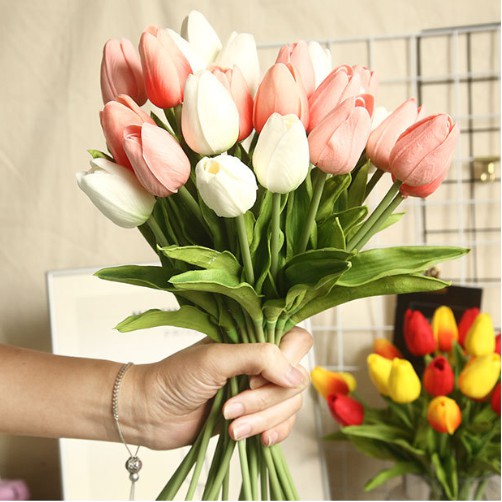 Hoa giả ❤️ Hoa tulip giả PU cao cấp ❤️ Decor trang trí nhà cửa Lizflower bằng cao su non có cả Lá Xoắn & Lá Thẳng
