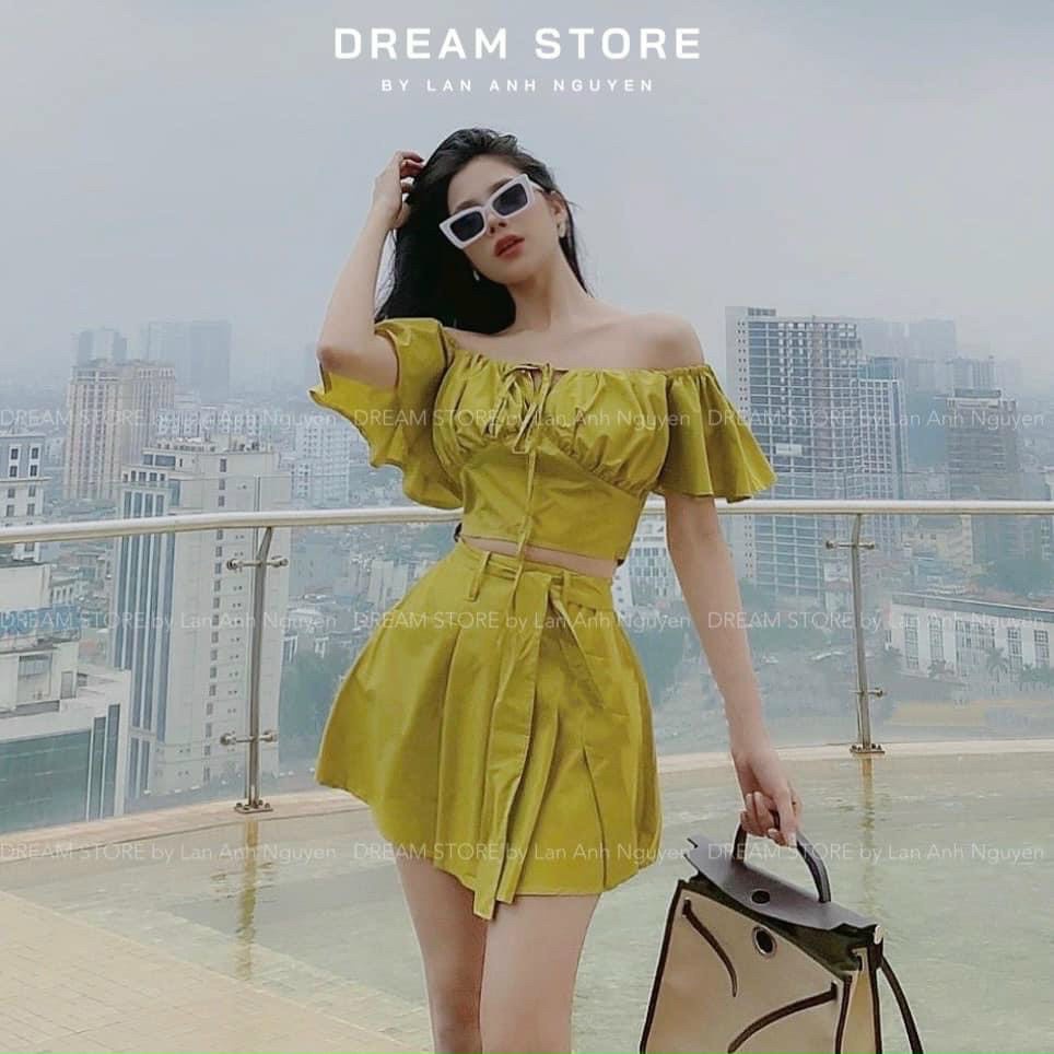 Sét áo và chân váy nữ áo croptop trễ vai cột nơ kèm chân váy xòe
