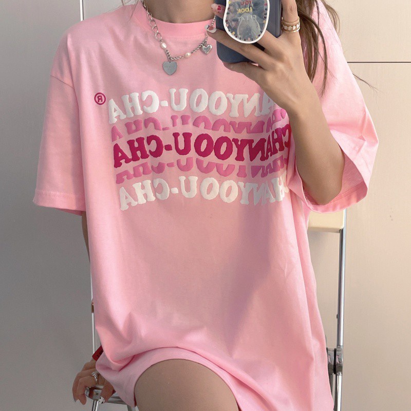 Áo thun tay ngắn cổ tròn dáng rộng in chữ thời trang dễ phối đồ