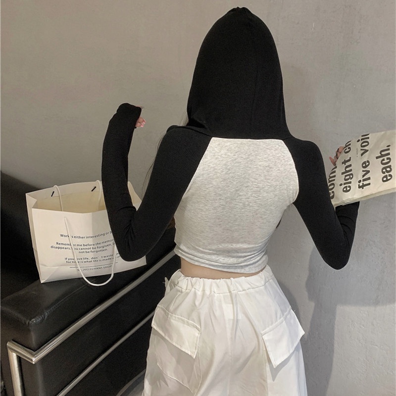 Áo Hoodie Tay Dài Ôm Dáng Co Giãn Phối Màu Tương Phản Thời Trang Cho Nữ