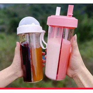 Bình nước 2 ngăn có ống hút 600ml xinh xắn dành cho các cặp bạn thân và các cặp đôi