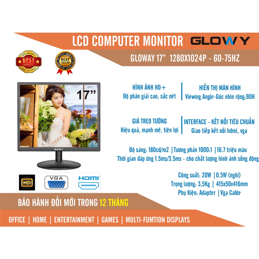 Màn hình máy tính Glowy 19 inch, 17 inch mới độ phân giải cao 60-75Hz ,16,7 triệu màu chính hãng bảo hành 2 năm