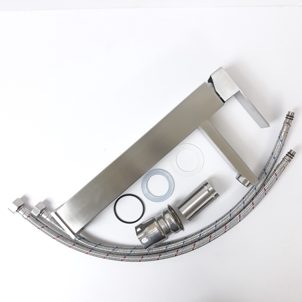 Vòi lavabo nóng lạnh inox 304 trụ vuông 30cm trắng mờ đặc trưng inox phay cao cấp, sang trọng, lịch lãm