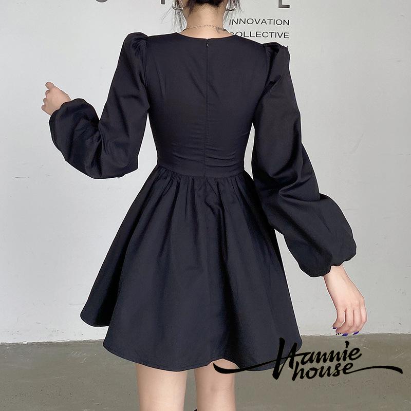 Đầm cổ vuông màu đen phong cách Pháp thời trang cho nữ