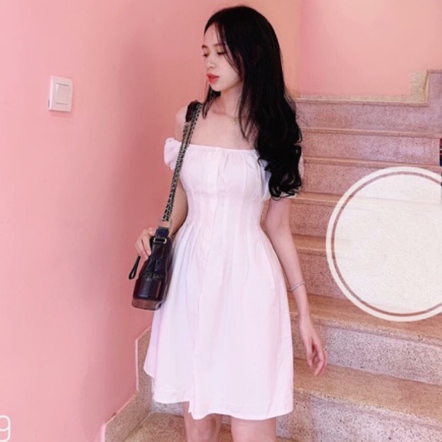 Đầm trắng bệt vai li eo dáng xòe xt