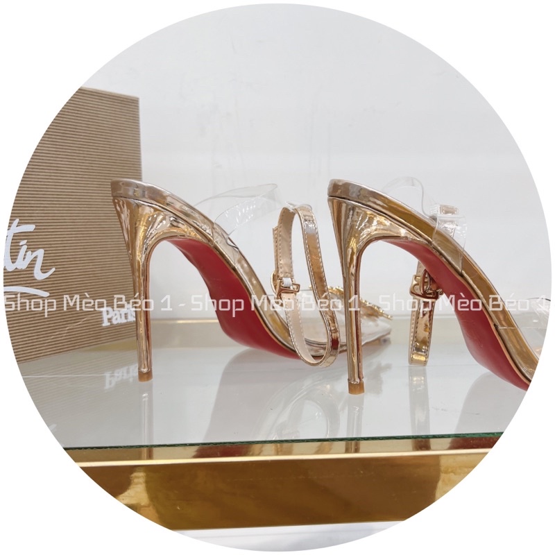Sandal cao gót mica trong bít mũi tag hoa đá gold gót nhọn fullbox hàng quảng châu cao cấp