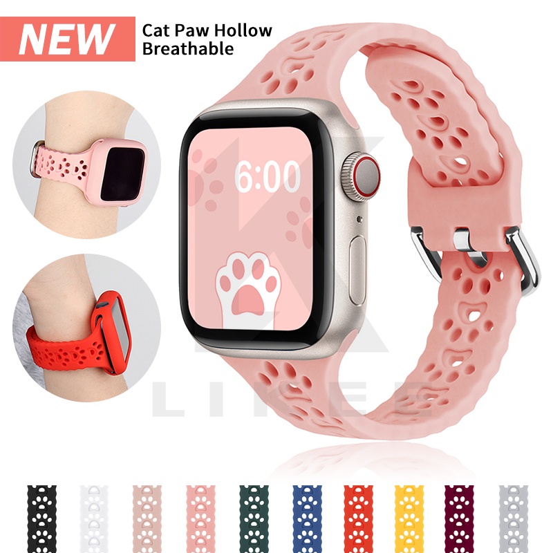 Dây Đeo Bằng Silicone Thoáng Khí Hình Chân Mèo Cho Đồng Hồ Apple 44mm 40mm 42mm 38mm iWatch Series 6 5 4 SE 7 45mm 41mm