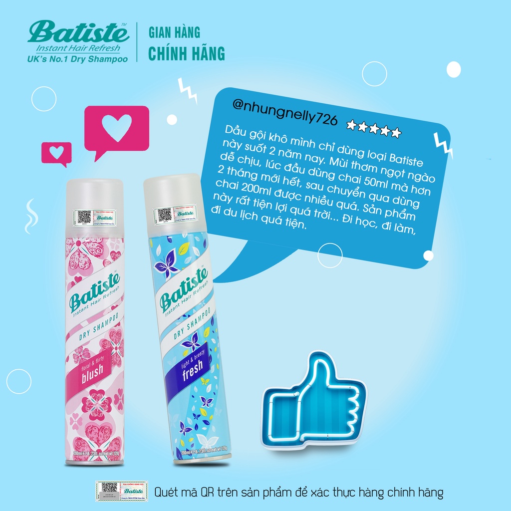 Dầu Gội Khô Batiste Dry Shampoo 50ml Hết Ngứa, Hết Bết Dính Tóc Bồng Bềnh Bóng Mượt Tức Khắc