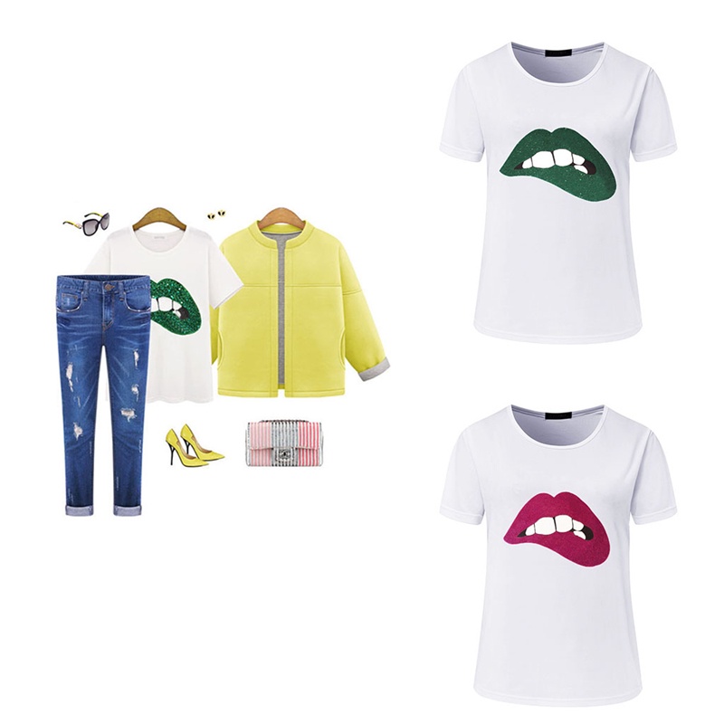 Áo Thun Tay Ngắn Cổ Tròn Dáng Rộng In Hình Đôi Môi Thời Trang Mùa Hè Cho Nữ
