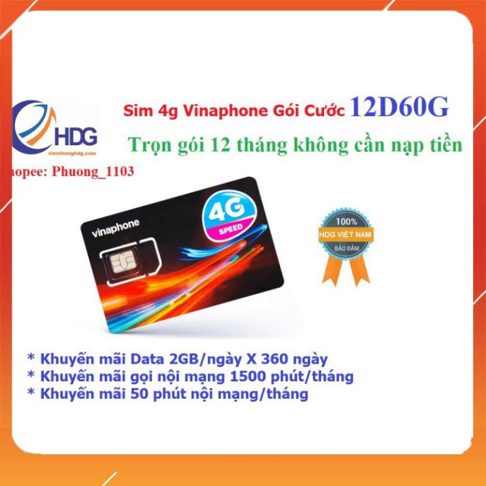 MIỄN PHÍ 1 NĂM – Sim 4g vinaphone gói cước Đỉnh 60 (60gb/tháng nghe gọi miễn phí) Có Video kèm test tốc độ