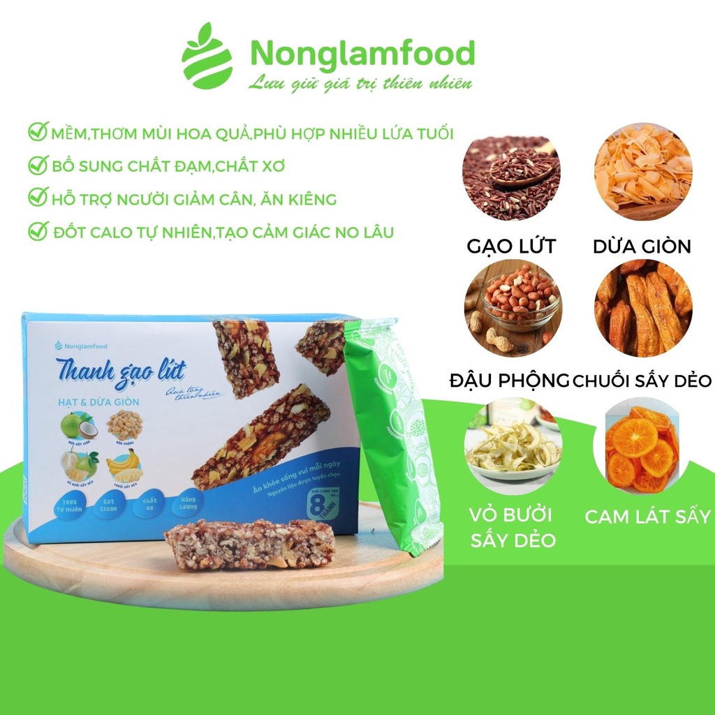 Thanh gạo lứt ngũ cốc hạt và dừa giòn Nông Lâm Food hộp 8 bánh gạo lứt hỗ trợ giảm cân ăn kiêng hiệu quả.