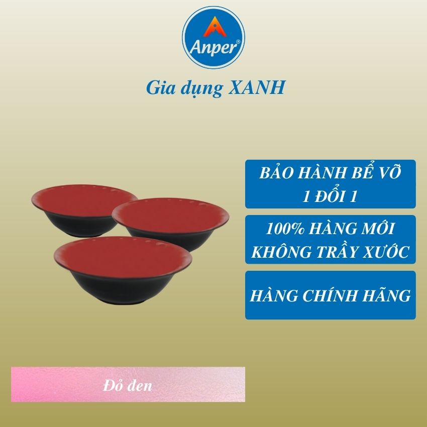 Bộ 3 Bát Tô Bèo Đỏ Đen Size 8 (20.4cm) Anper Nhựa Kiểu Nhật Hàn Cứng Cao Cấp An Toàn Sang Trọng Dùng Gia Đình, Nhà Hàng