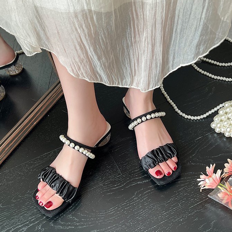 Giày xăng đan IELGY gót vuông có cỡ lớn đính ngọc trai nhân tạo thời trang cho nữ