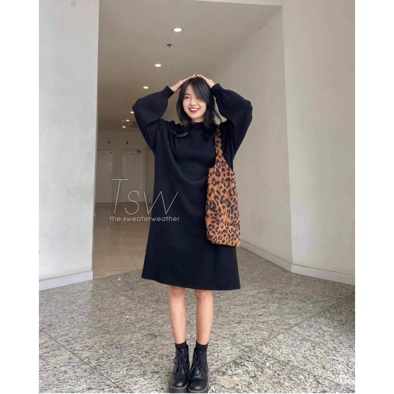 Váy Len đen basic mùa thu đông đơn giản cá tính HOT 🎀 Váy Len Dáng Thụng Ulzzang | BigBuy360 - bigbuy360.vn
