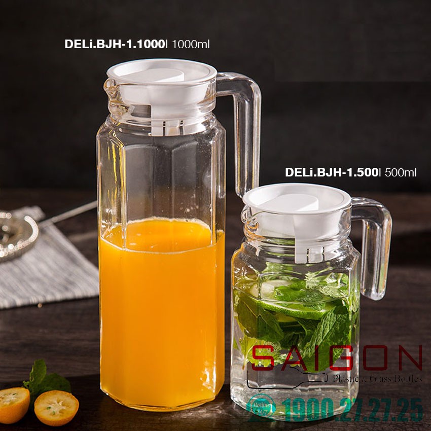 Bình Thủy Tinh Lục Giác 1100ml Hàng Nhập Khẩu - Chất Liệu Cao Cấp, Dày Dặn