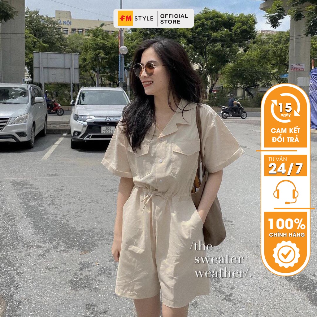 Jumpsuit dáng ngắn FM Style áo liền quần nữ hoạ tiết trơn có thắt eo 21061734