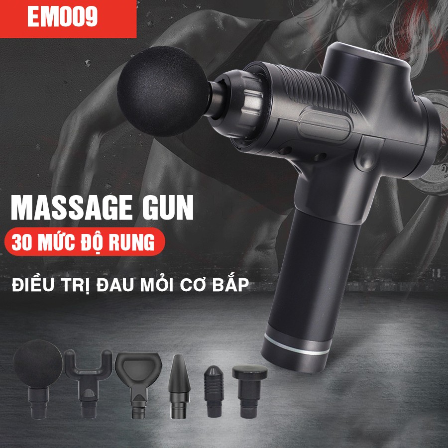 [BH CHÍNH HÃNG] SÚNG, MÁY MASSAGE CẦM TAY CAO CẤP CÁT Á EM009 ĐEN CACBON - 30 Mức độ rung, 6 đầu trị liệu- Trị đau nhức!