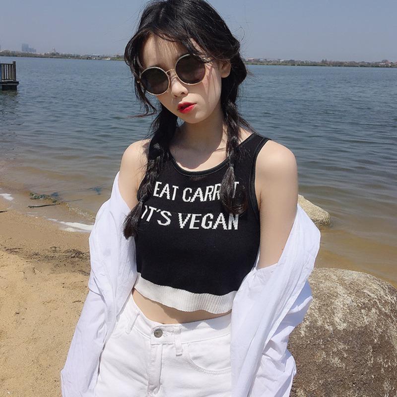 Áo Tank Top Dệt Kim Không Tay In Chữ Cá Tính Cho Nữ